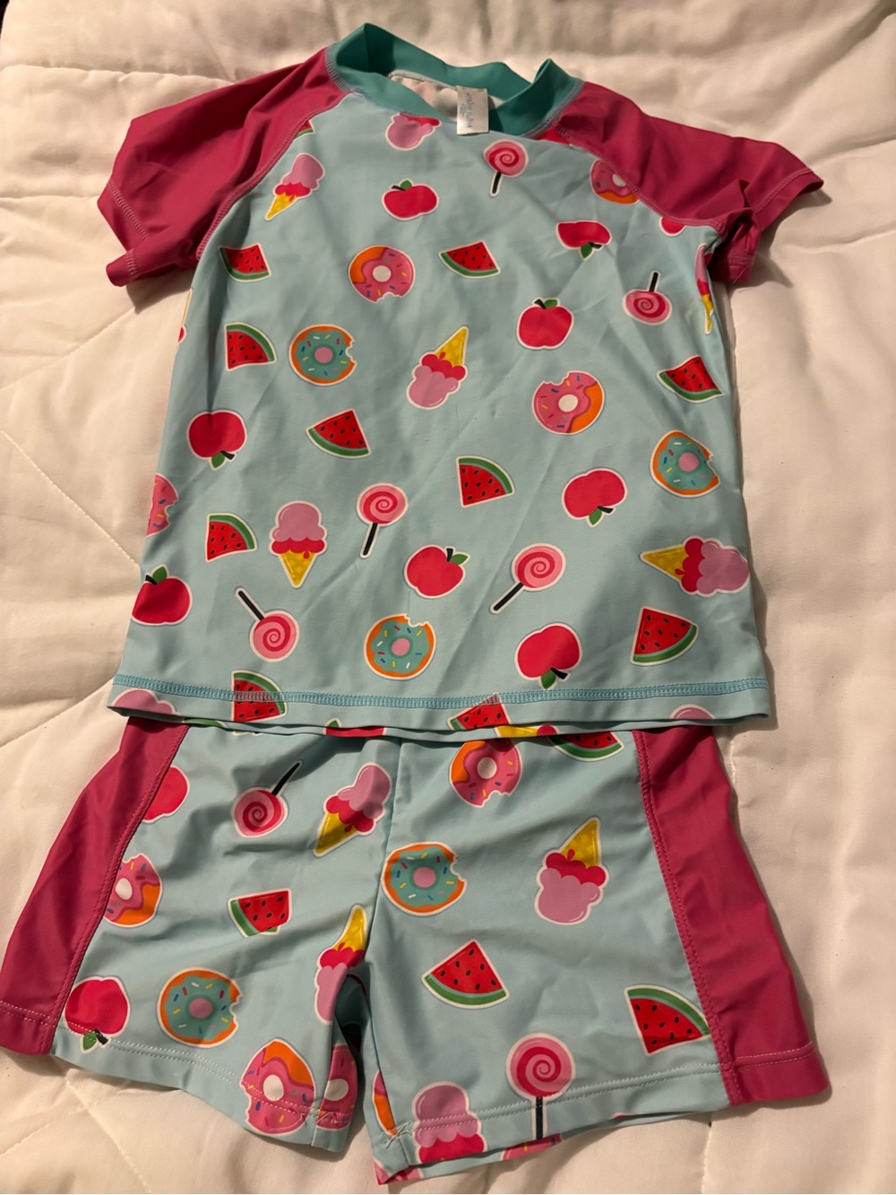 Girls' Aqua & Pink Fruit & Sweets Short Sleeve Swim  Set